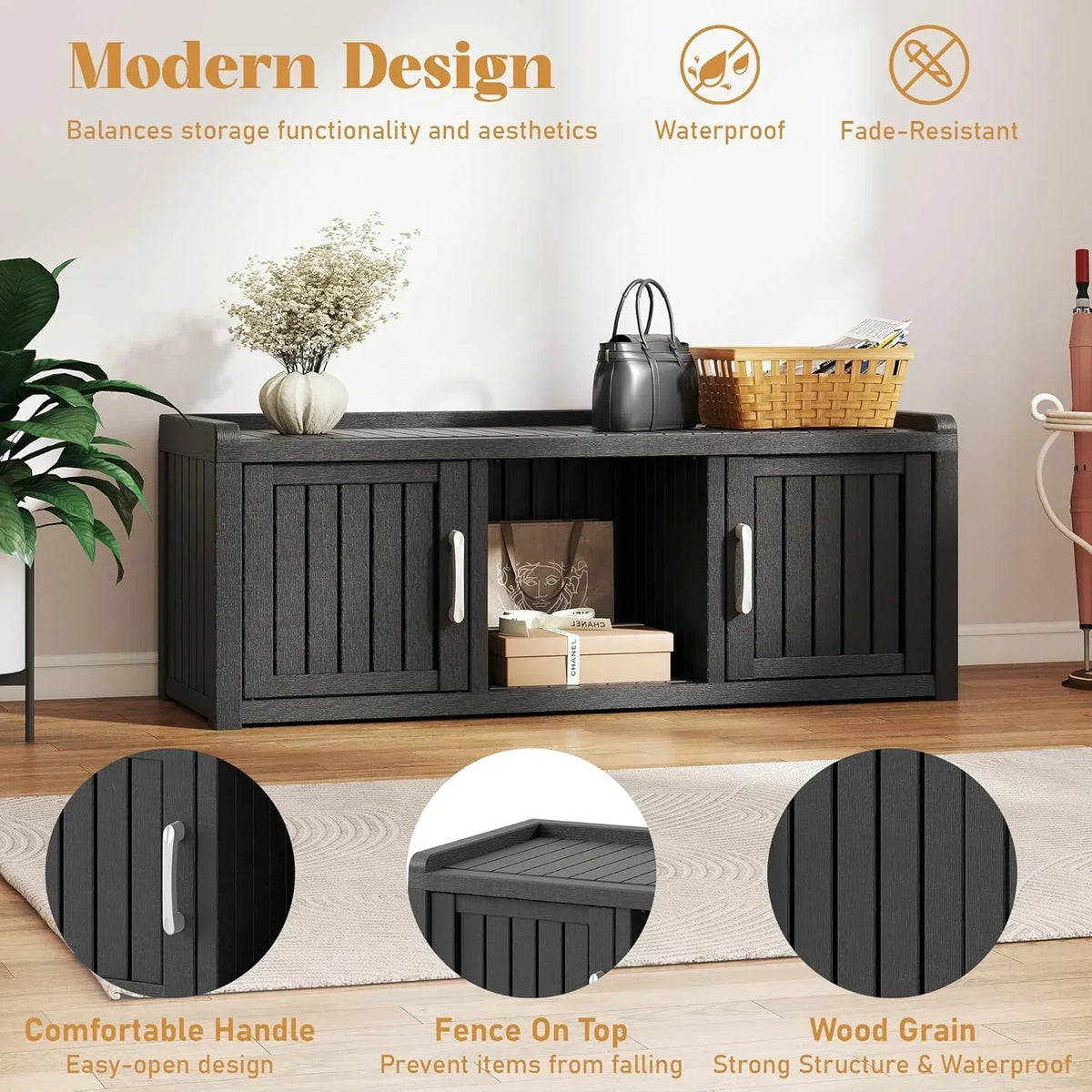 2026 NewKAMABOKO Outdoor Shoe Storage Cabinet, Waterproof UV-Resistant Entryway Storage Bench Indoor Outdoor with 2 Barn Doors, Adjustable Shelves for Entryway, Bedroom, Hallway,Living Room(Black)