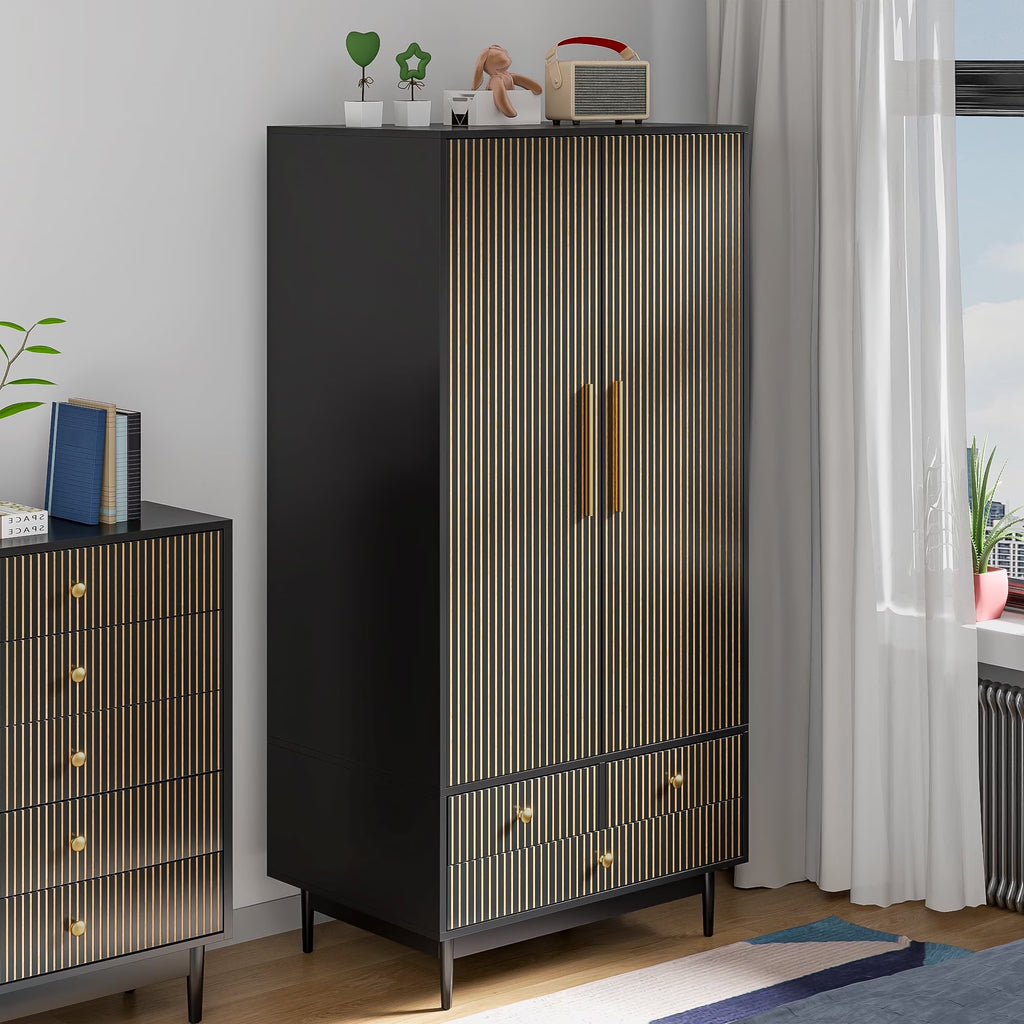 2026 NewOubayajia Wardrobe Armoire Closet, 2 Fluted Doors Wardrobe Cabinet with 3-Drawer and Hanging Rod, Wood Wardrobe Storage for Bedroom