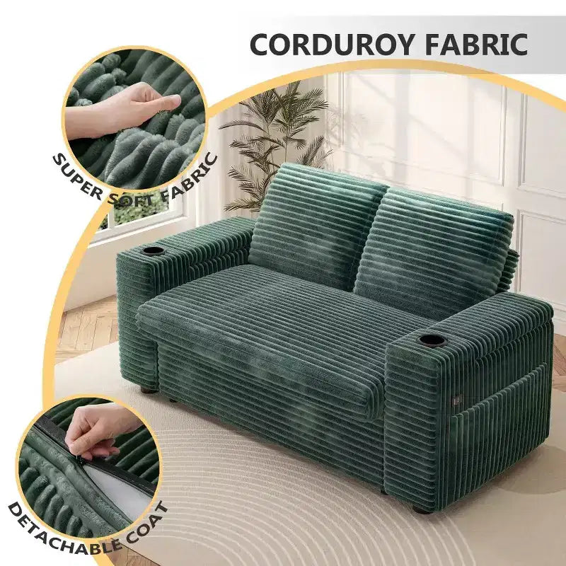 2026 Dyonery Sofá cama 4 en 1 de 65,5" con respaldos ajustables, carga USB/Type-C, portavasos y bolsillos, verde