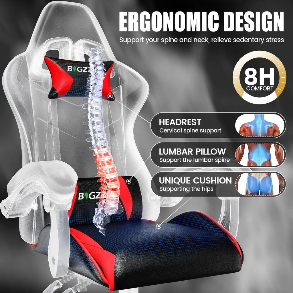 2026 NewBigzzia Gaming Chair Office Chair, Ergonomic Game Chair with Height Adjustable Headrest and Lumbar Support for Adults Teens, Black & White