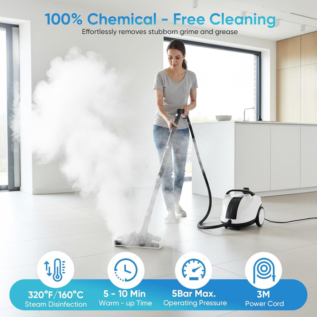 2026 Limpiador a vapor 2000W con 5 bar de presión - Depósito de 2 litros para 100m² de superficie - Set de accesorios de 18 piezas - Limpiador a vapor portátil con cabezal de cepillo giratorio