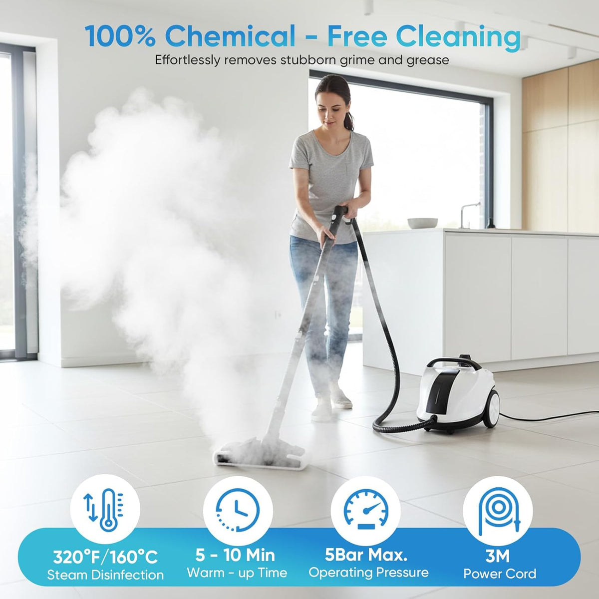 2026 Limpiador a vapor 2000W con 5 bar de presión - Depósito de 2 litros para 100m² de superficie - Set de accesorios de 18 piezas - Limpiador a vapor portátil con cabezal de cepillo giratorio