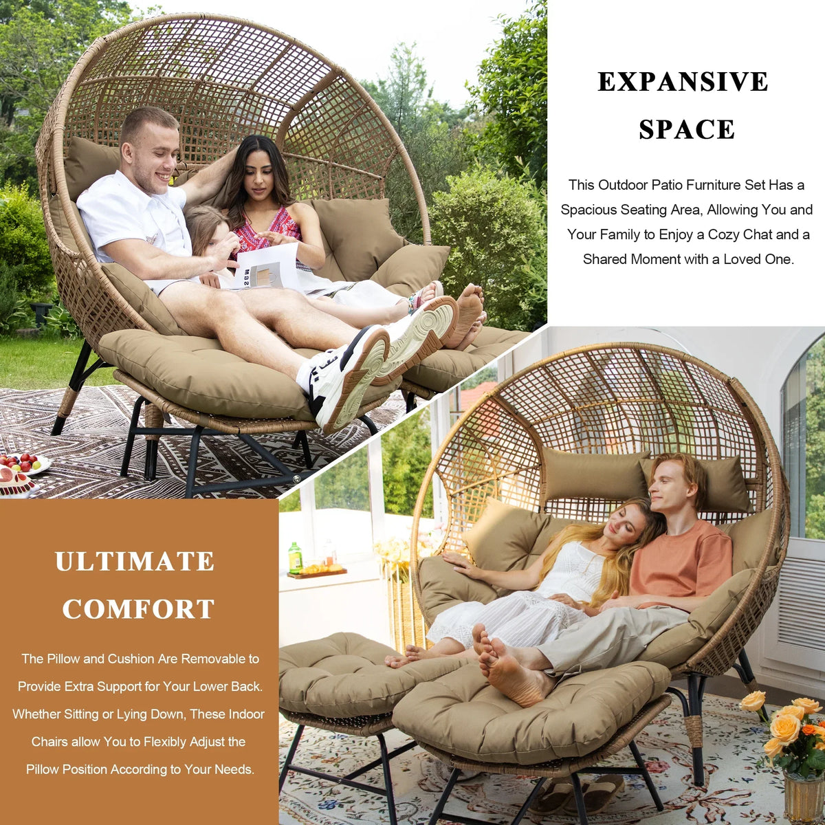 2026 NewRADIATA Double Egg Chair for 2 Person, Oversized Wicker Loveseat with Thick Cushions, 680 lbs Capacity, Indoor Outdoor Stationary Patio Lounge Chair for Balcony, Garden, Beige
