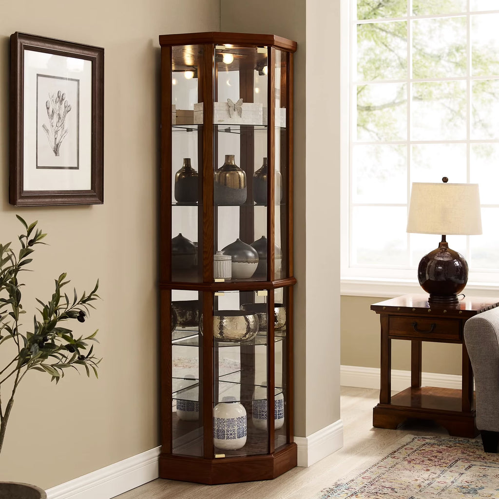 2026 NewWalnut Cabinet With 6 Shelves, Adjustable Glass & Mirrored Back Design Shelf Lighted Corner Curio Shelves In