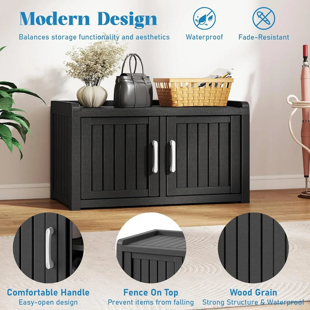 2026 NewKAMABOKO Outdoor Shoe Storage Cabinet, Waterproof UV-Resistant Entryway Storage Bench Indoor Outdoor with 2 Barn Doors, Adjustable Shelves for Entryway, Bedroom, Hallway,Living Room(Black)
