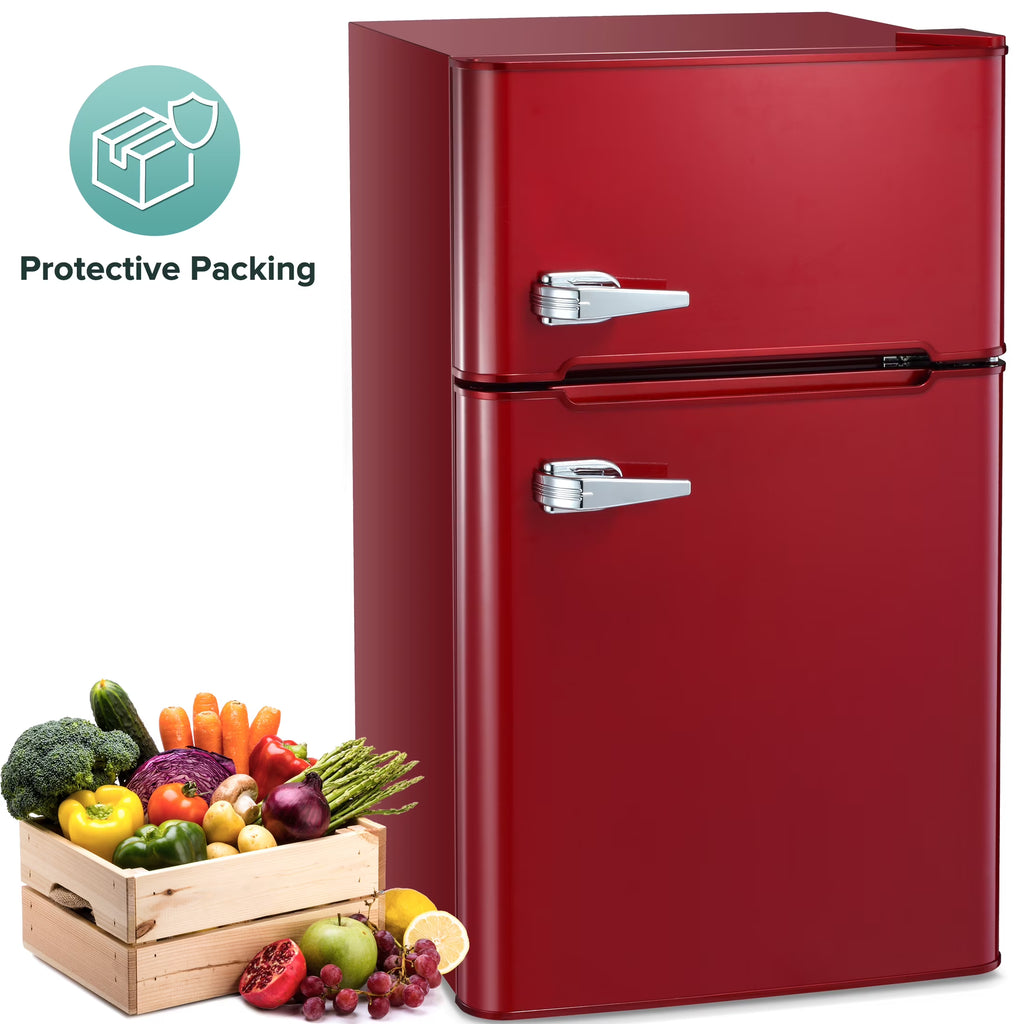 2026 NewAuseo 3.1 Cu.Ft Double Door Mini Fridge with Freezer, Compact Retro Refrigerator for Dorm, Office, Bar, Bedroom, Black
