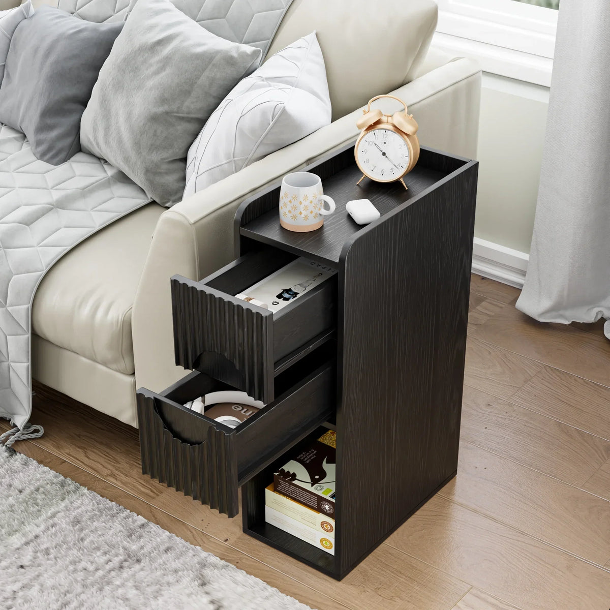 2026 NewNarrow Nightstand Set of 2 with Drawers, Fluted Slim Side End Table with Storage for Small Spaces