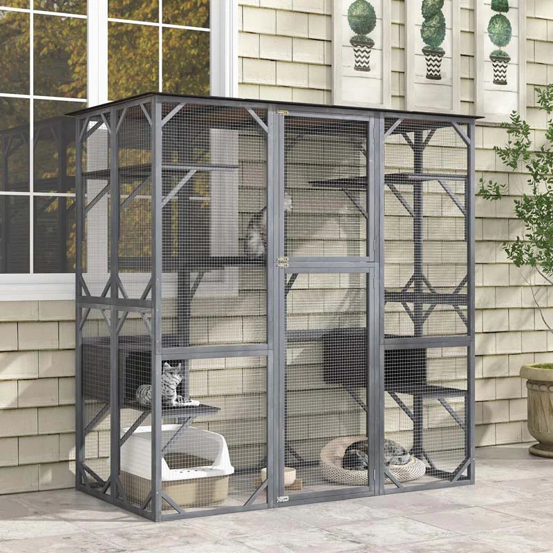 2026 Casa para gatos grande de 180 cm de altura, recinto exterior para gatos, caseta para gatos con acceso directo, jaula de madera para gatos con 7 plataformas.