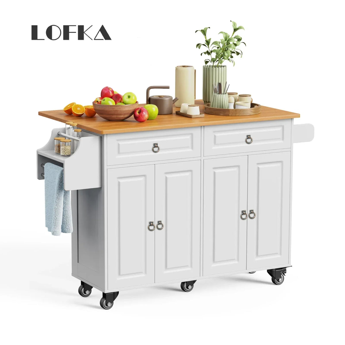 2026 NewLofka 52-Inch Kitchen Island with Storage on Wheels with Wood Drop Leaf, Ideal for Small Kitchens