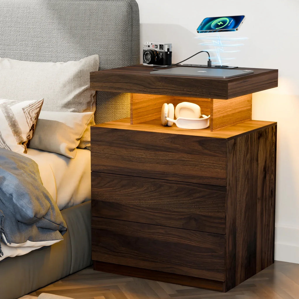 2026 NewHommpa LED Nightstand Wireless Charging Station USB Type C Outlets Bedside Table 3 Drawers Black Night Table Modern Smart Nightstand High Gloss End Side Table for Bedroom Furniture 26.8" Tall
