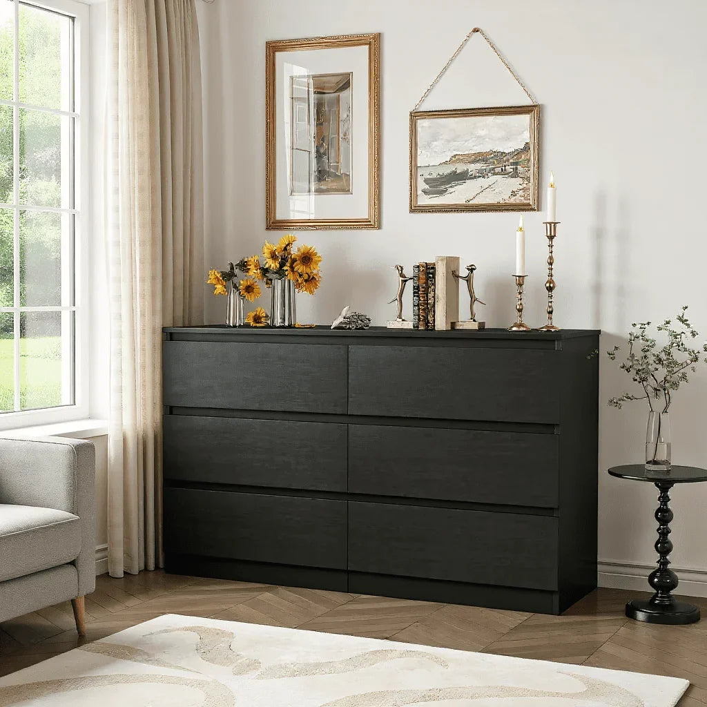 2026 NewKadyn Modern 6 Drawer Dresser Wood Cabinet,Dresser for Bedroom, Kitchen Storage Cabinet with Drawers, Chest of Drawers(Black)