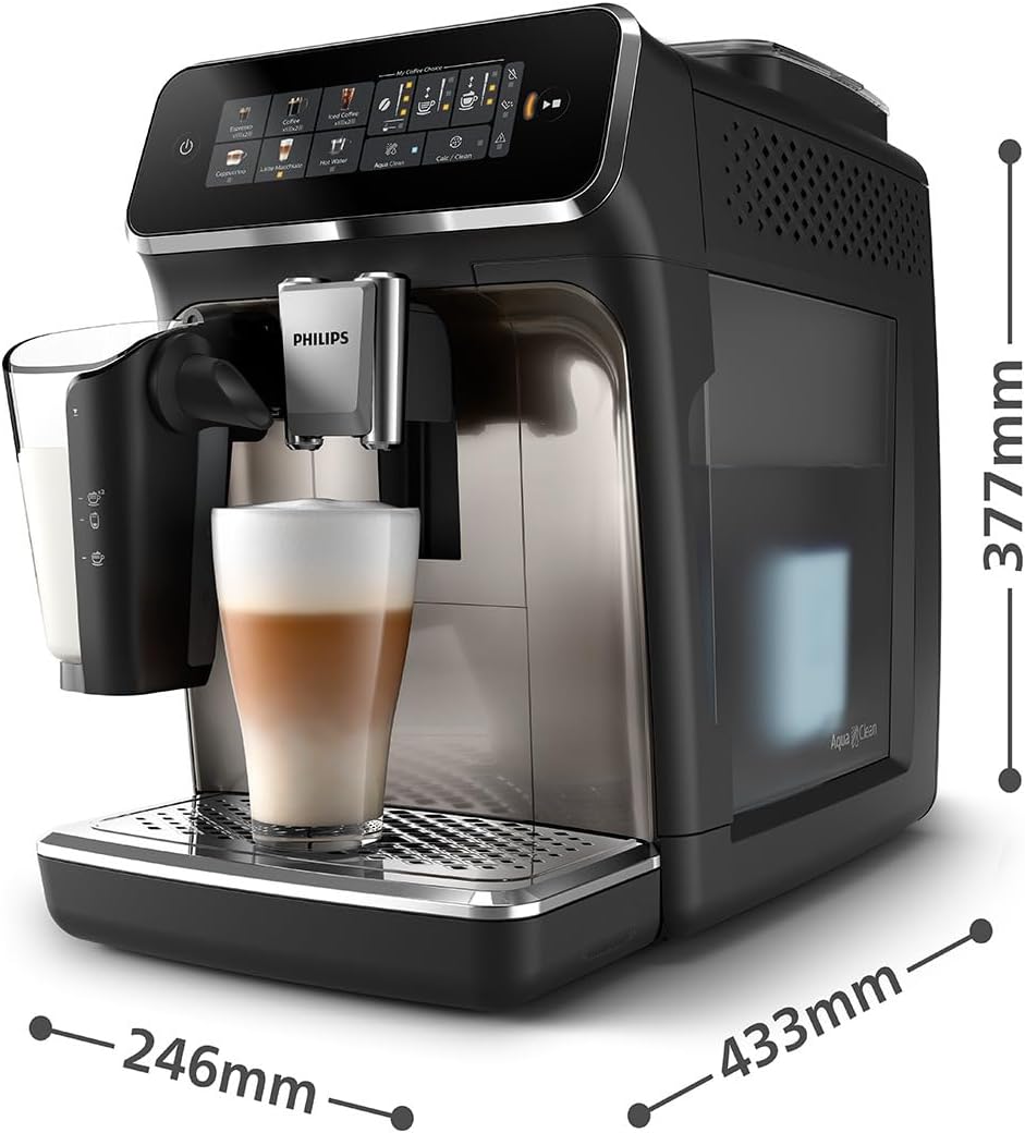 2026 Cafetera automática Philips Serie 3300: 6 bebidas, pantalla táctil a color moderna, sistema de leche LatteGo, SilentBrew, molinillo 100% cerámico, filtro AquaClean. Acabado en cromo negro (EP3347/90).