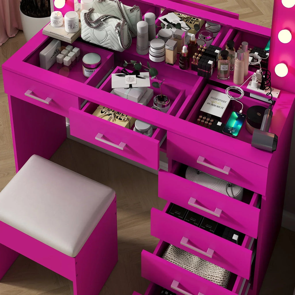 2026 NewKtaxon Large Makeup Vanity, Vanity Table Set w/ Visible Glass Top w/ Charging Station, White