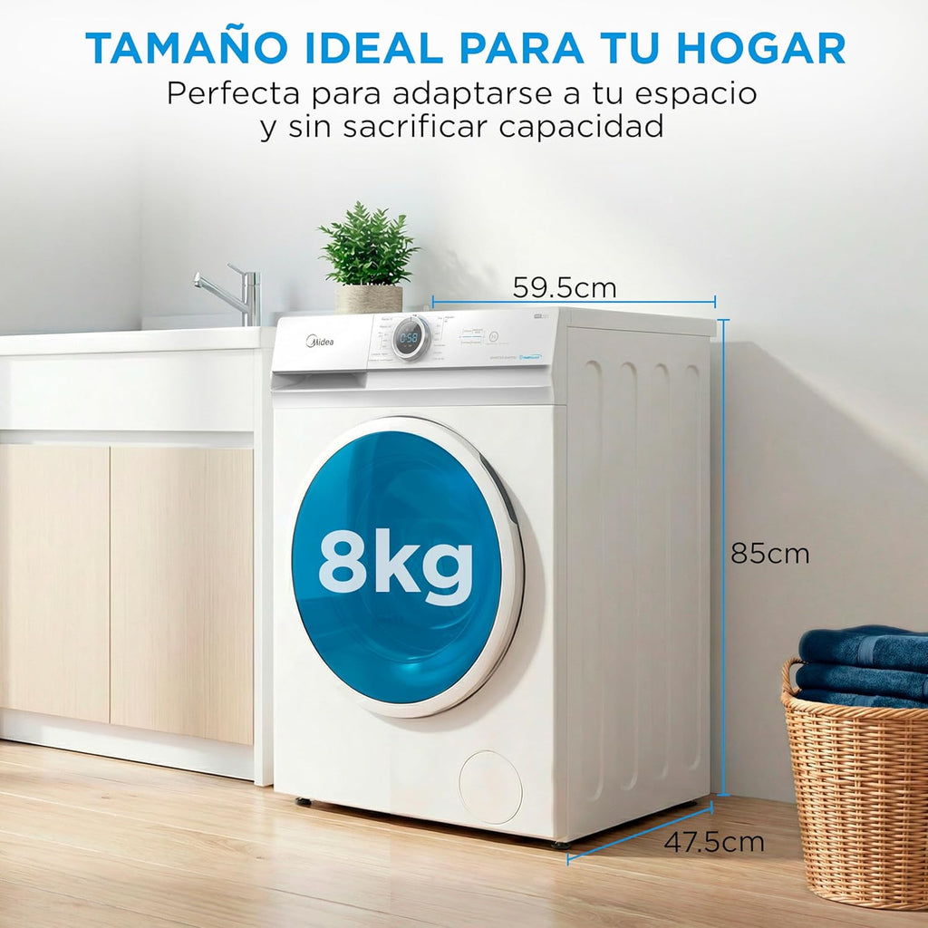 2026 Midea Lavadora de carga frontal 8 kg, 1950 W, 1350 rpm, motor Inverter, 15 programas, HealthGuard, lavado rápido, vapor y modo Eco
