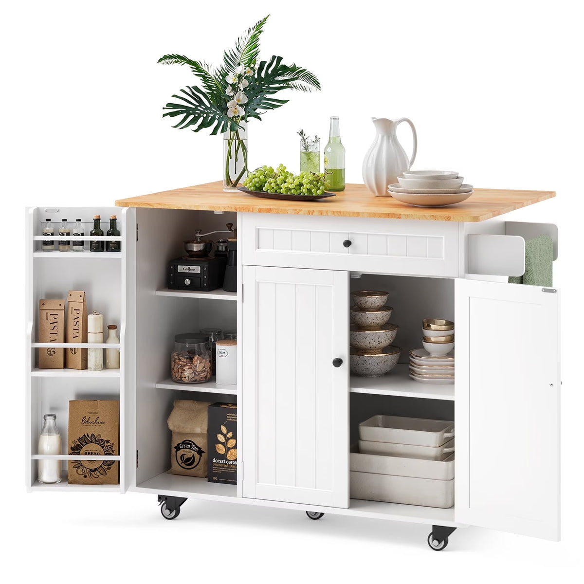 2026 NewNoelse Kitchen Island with Storage, Island Table for Kitchen with Drop Leaf, Spice Rack, Towel Bar for Small Kitchens, White