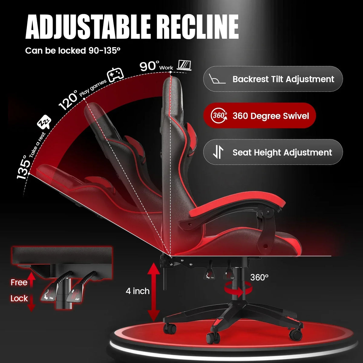 2026 NewBigzzia Gaming Chair Office Chair, Ergonomic Game Chair with Height Adjustable Headrest and Lumbar Support for Adults Teens, Black & White