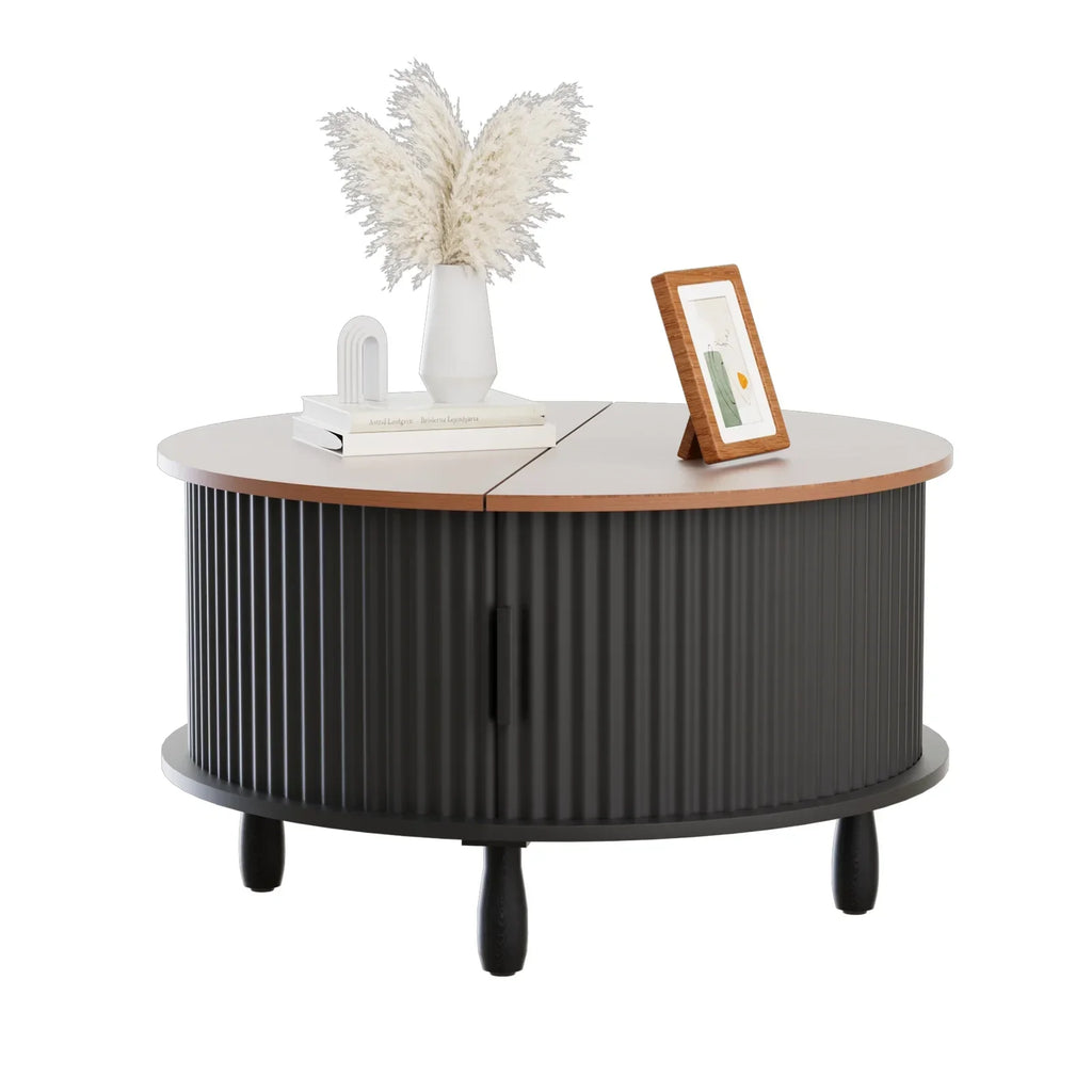 2026 NewRUMLIVE Round Coffee Table with Storage, 30.7" Modern Coffee Table with 360" Curved Sliding Door, Fluted Wood Coffee Table with Footpads, Round Center Table for Living Room, Black
