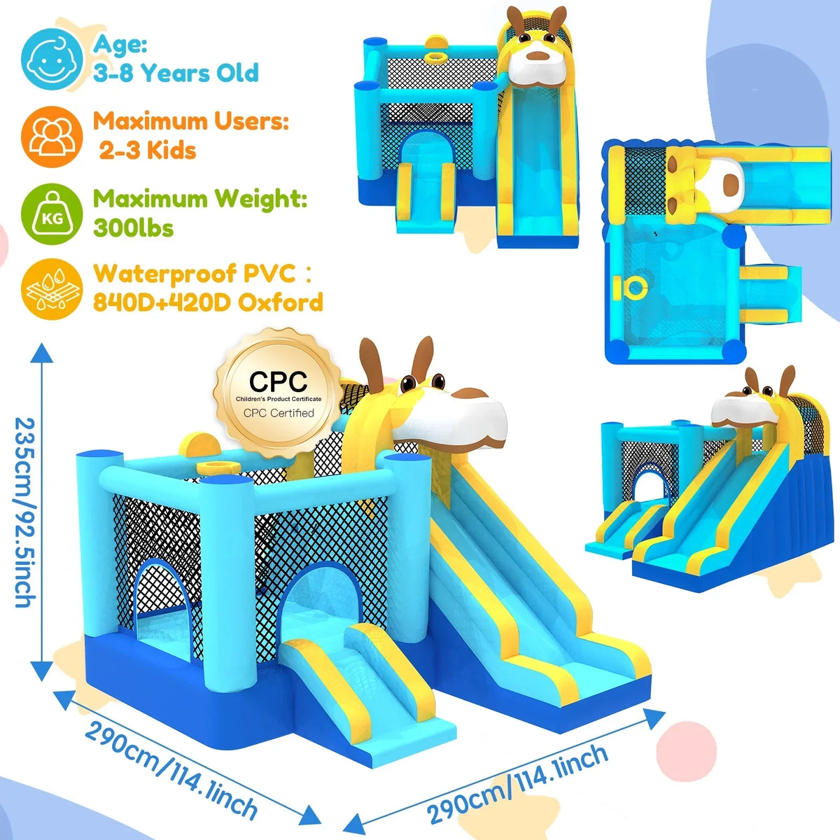 2026 NewMukidy 114''x 114'' x 92.5'' Inflatable Bounce Houses for Kids 3-10 with Blower Double Slide and Ball Pit/Indoor Bouncy House, PVC, Child, Teen, Toddler"Blue