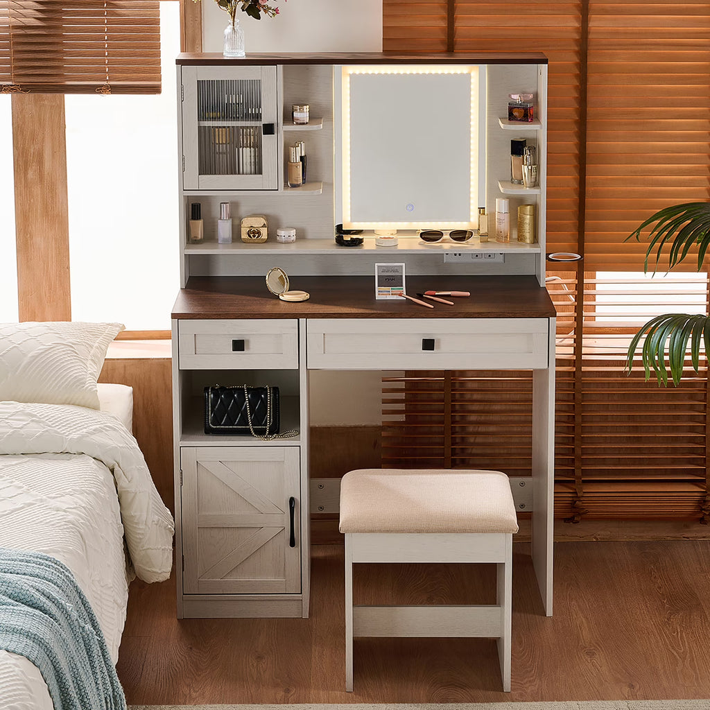 2026 NewFarmhouse Makeup Vanity Desk with Mirror and Lights,Dressing Table Set with Charging Station and Stool,Drawers,Shelves and Side Cabinet,White