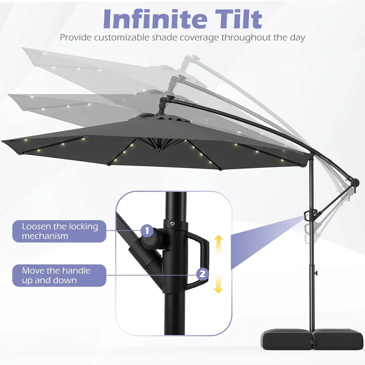 2026 NewCostway 10 FT Solar Offset Hanging Umbrella Patio Cantilever Umbrella with 32 LED Lights Brown