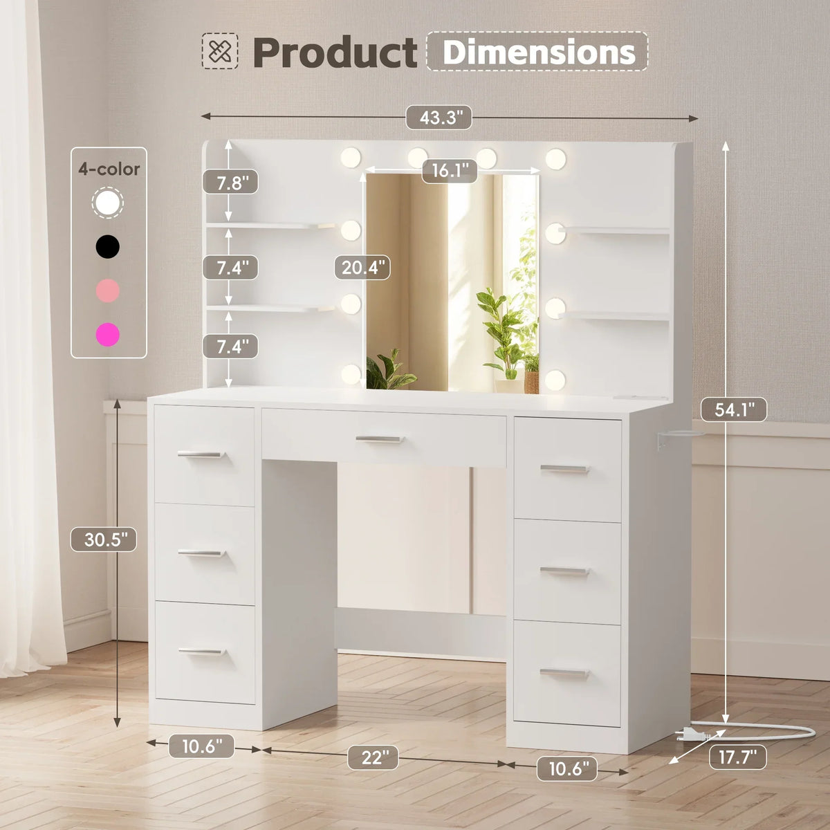 2026 NewLacoo Vanity Desk with Mirror and LED Lights, Makeup Vanity with 7 Drawers & 4 Shelves, Vanity Table with Power Outlet for Bedroom Dressing Room, White