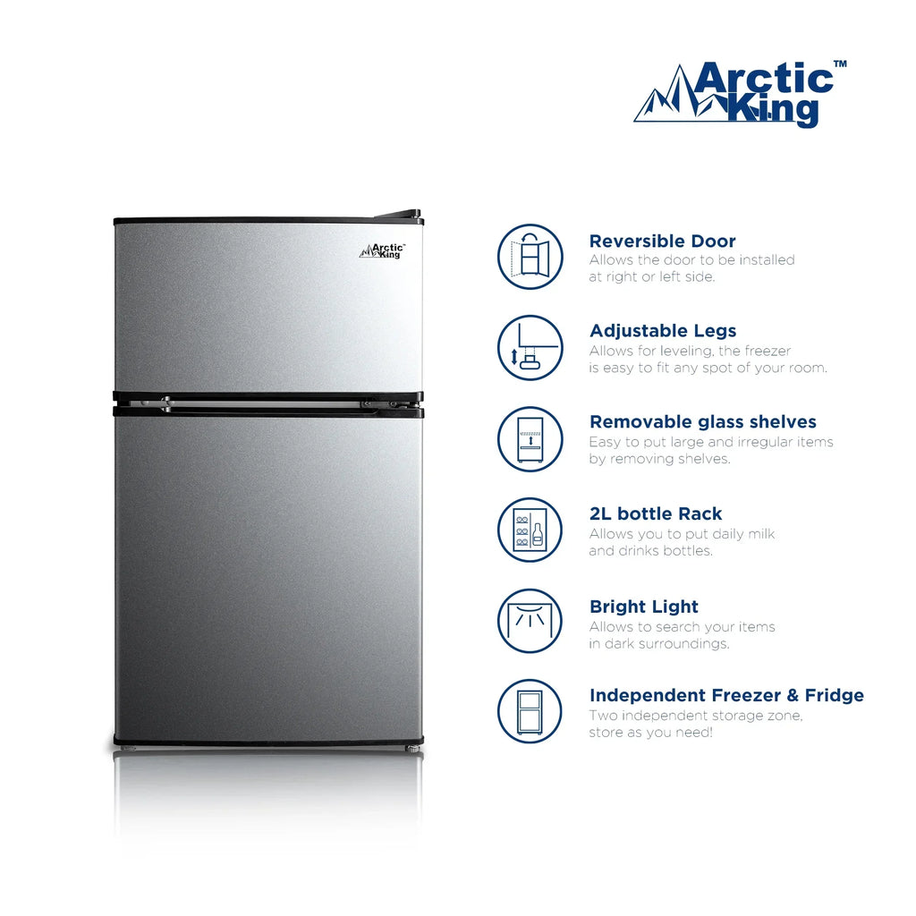2026 NewArctic King 3.2 Cu ft Two Door Mini Fridge with Freezer, Stainless Steel, E-Star