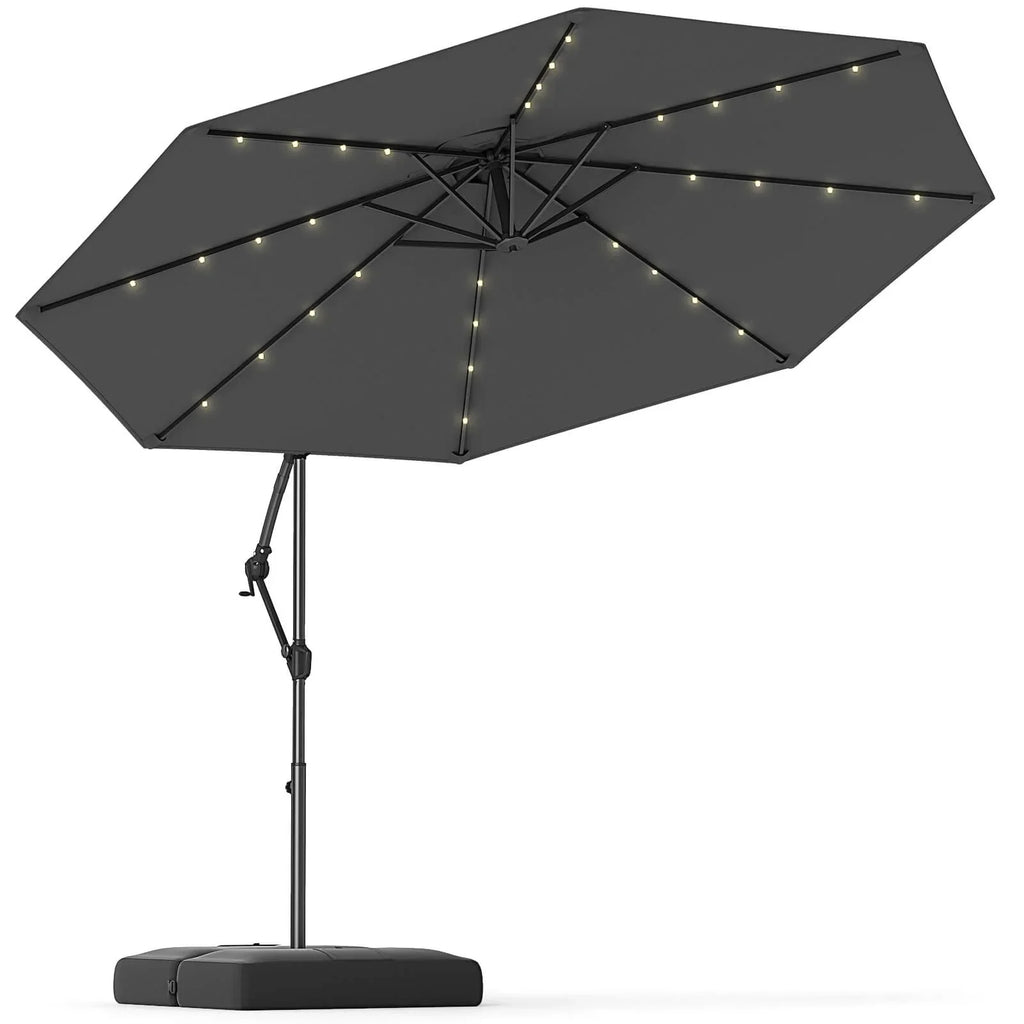 2026 NewCostway 10 FT Solar Offset Hanging Umbrella Patio Cantilever Umbrella with 32 LED Lights Brown