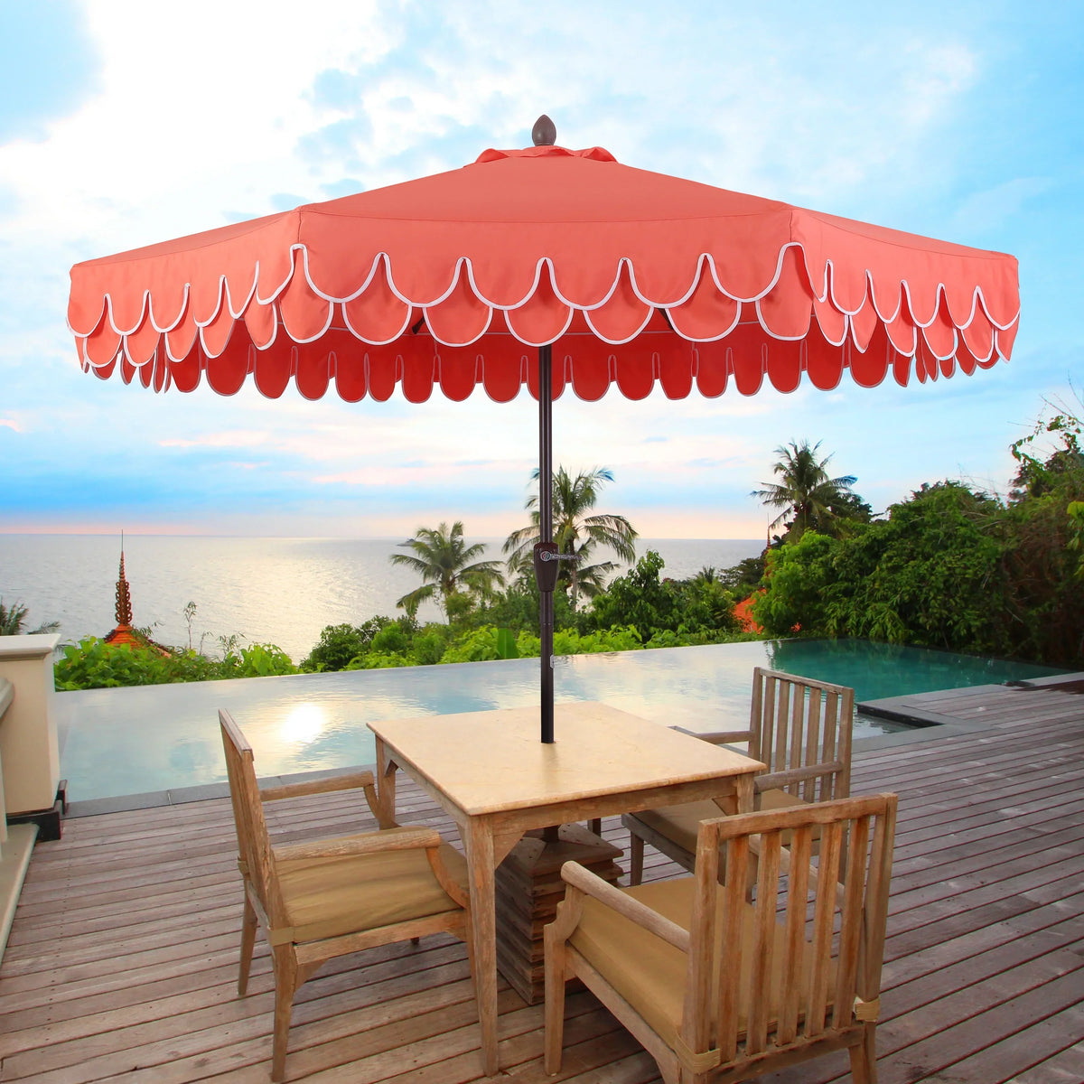 2026 NewJONATHAN Y Tracy 9 ft. Market Patio Umbrella, Classic Mid-Century Scalloped Fringe, with Auto-Tilt Crank, Wind Vent and UV Protection, Coral Pink/White, Dark Brown Pole