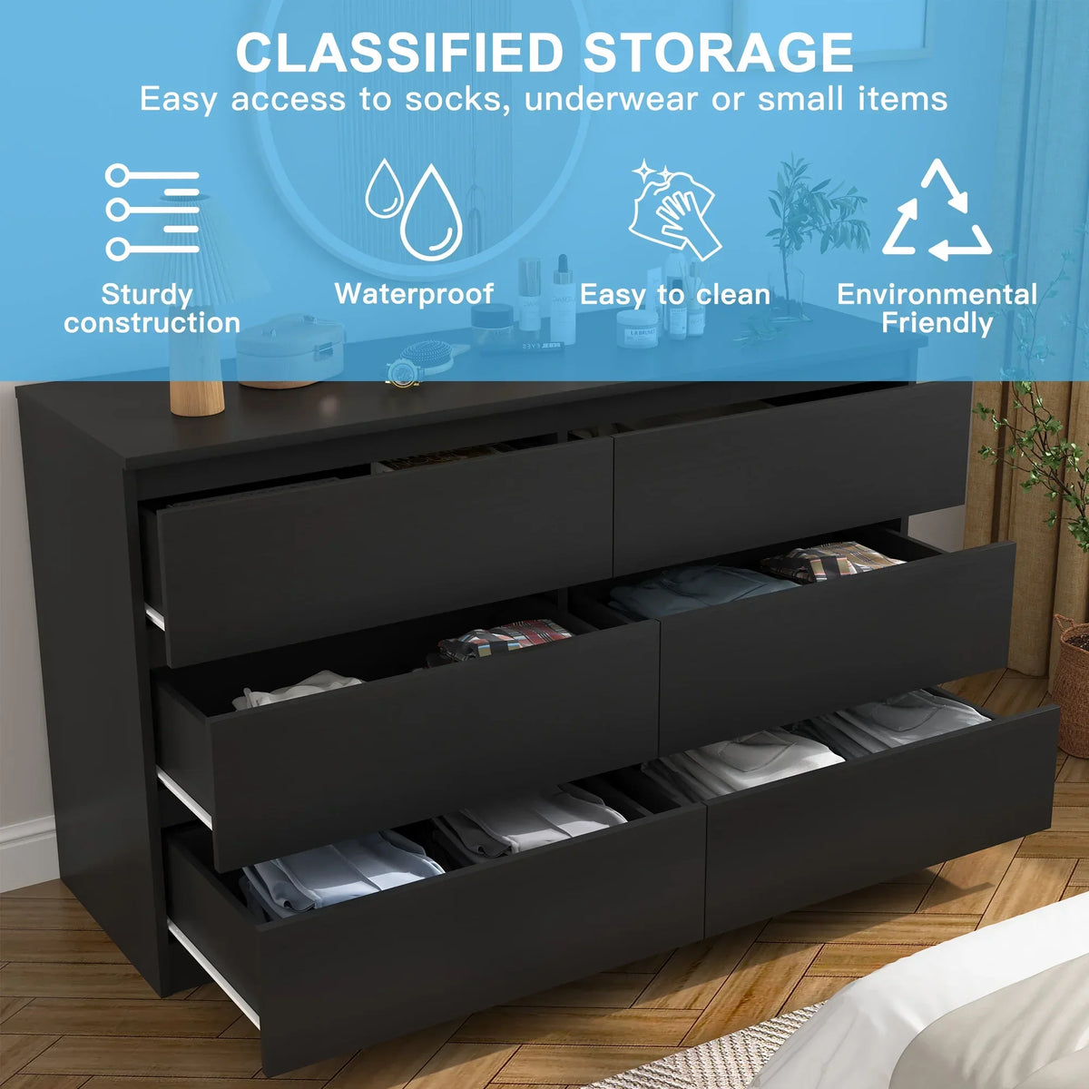 2026 NewResenkos Modern Mid Century 6 Drawer Wide Dressers Chests for Bedroom, Chest of Drawer Organizer Grey