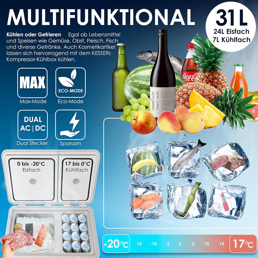 2026 Nevera portátil con compresor KESSER 2 en 1, doble zona de refrigeración y congelación, con 2 acumuladores de frío y control táctil LED | Refrigerador con capacidad de enfriamiento hasta -20 °C para camping, coche y camión, 12/24 V 230 V