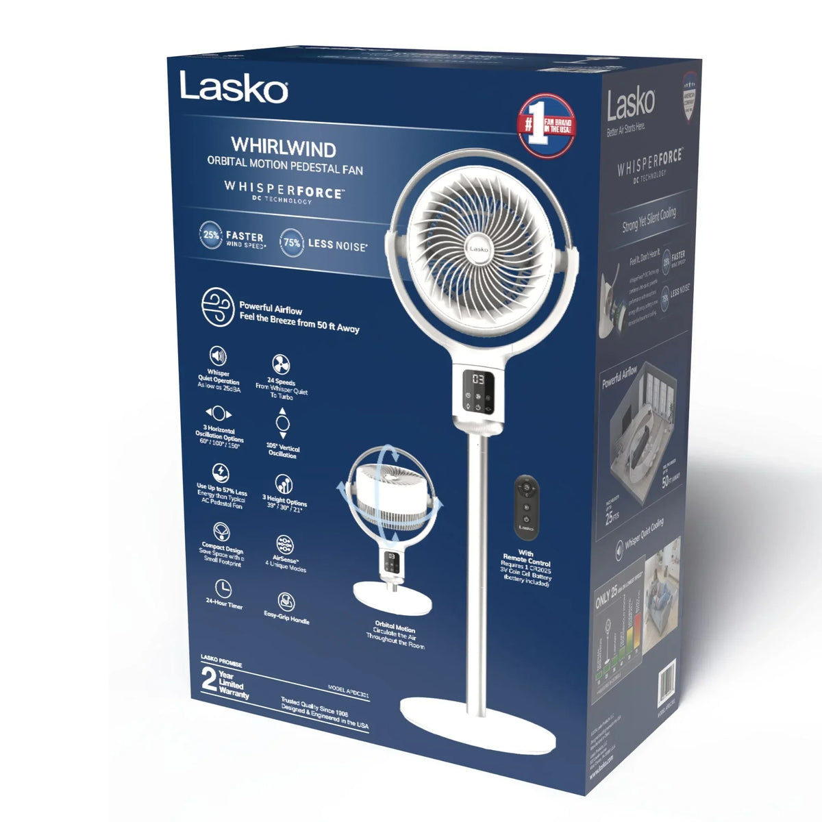 2026 NewLasko Whirlwind 7" 24-Speed Orbital Motion 25ft/s Airflow Remote Control Pedestal Fan, APDC301