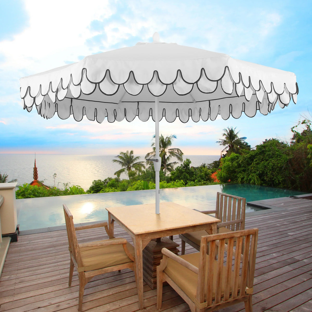 2026 NewJONATHAN Y Tracy 9 ft. Market Patio Umbrella, Classic Mid-Century Scalloped Fringe, with Auto-Tilt Crank, Wind Vent and UV Protection, Coral Pink/White, Dark Brown Pole