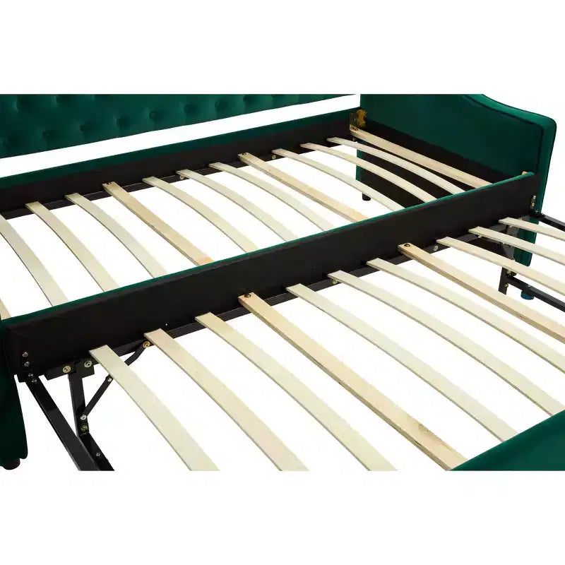 2026 Cama sofá Twin con cama nido, tapizada en terciopelo, puerto USB y bolsillos laterales - ModernLuxe