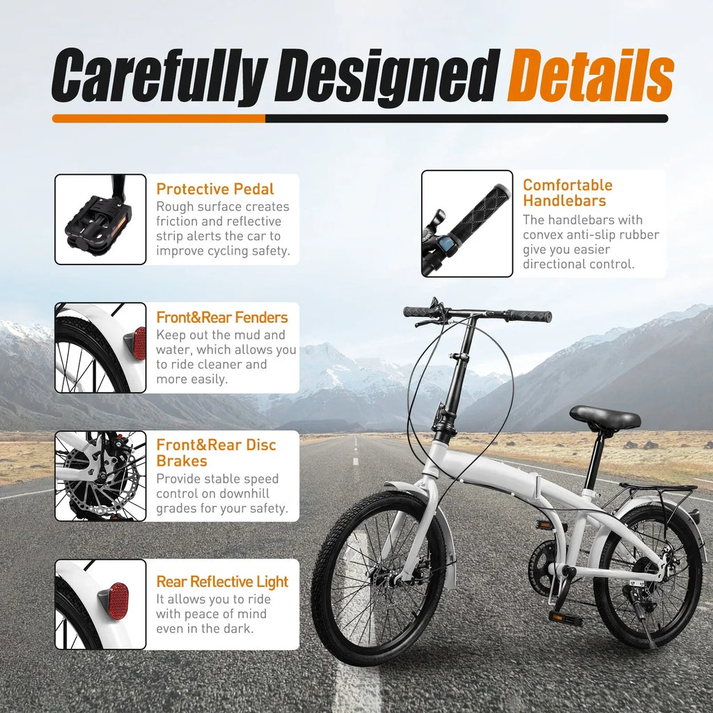 2026 NewLOYALHEARTDY 20" Folding Bike 7-Speed Unisex Mountain Bicycle Adjustable Height MTB City Bike for Adult Teenager High Carbon Steel Foldable Bicycle for Riding Traveling w/Dual Disc Brakes & Fender