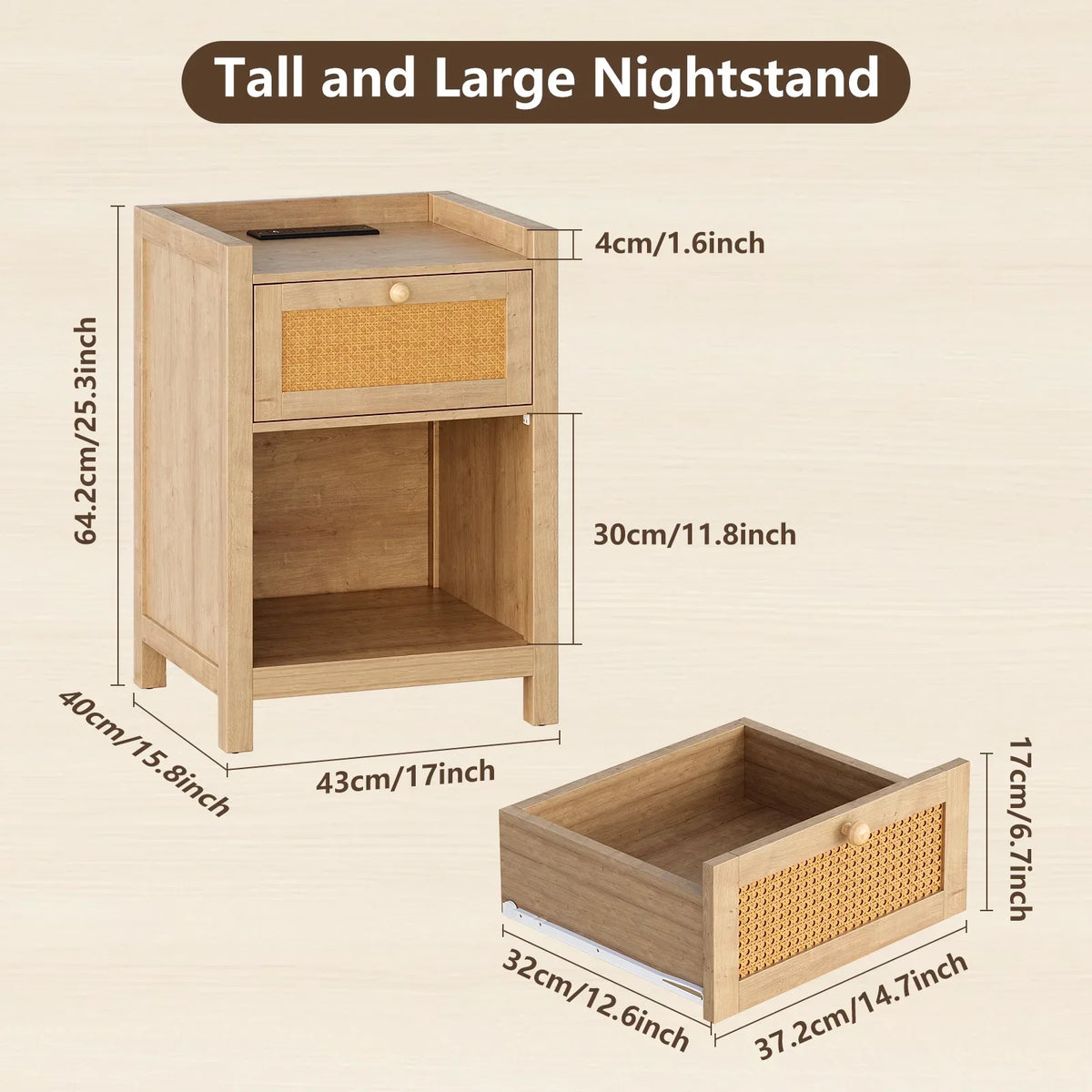 2026 NewLGHM Nightstand Set of 2 with Charging Station, Farmhouse Bedside Tables Night Stands with Drawer, Boho Side Tables for Bedroom, Living Room, Oak