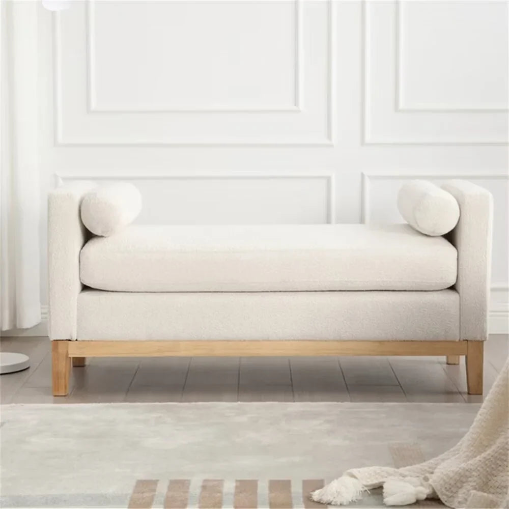 2026 NewEnd of Bed Bench, 53.5" Boucle Fabric Upholstered Entryway Bench with Wood Legs & Bolster Pillows, Rolled Arm Cushioned Ottoman Foot Rest Long Stool Window Extra Seating for Bedroom, Ivory