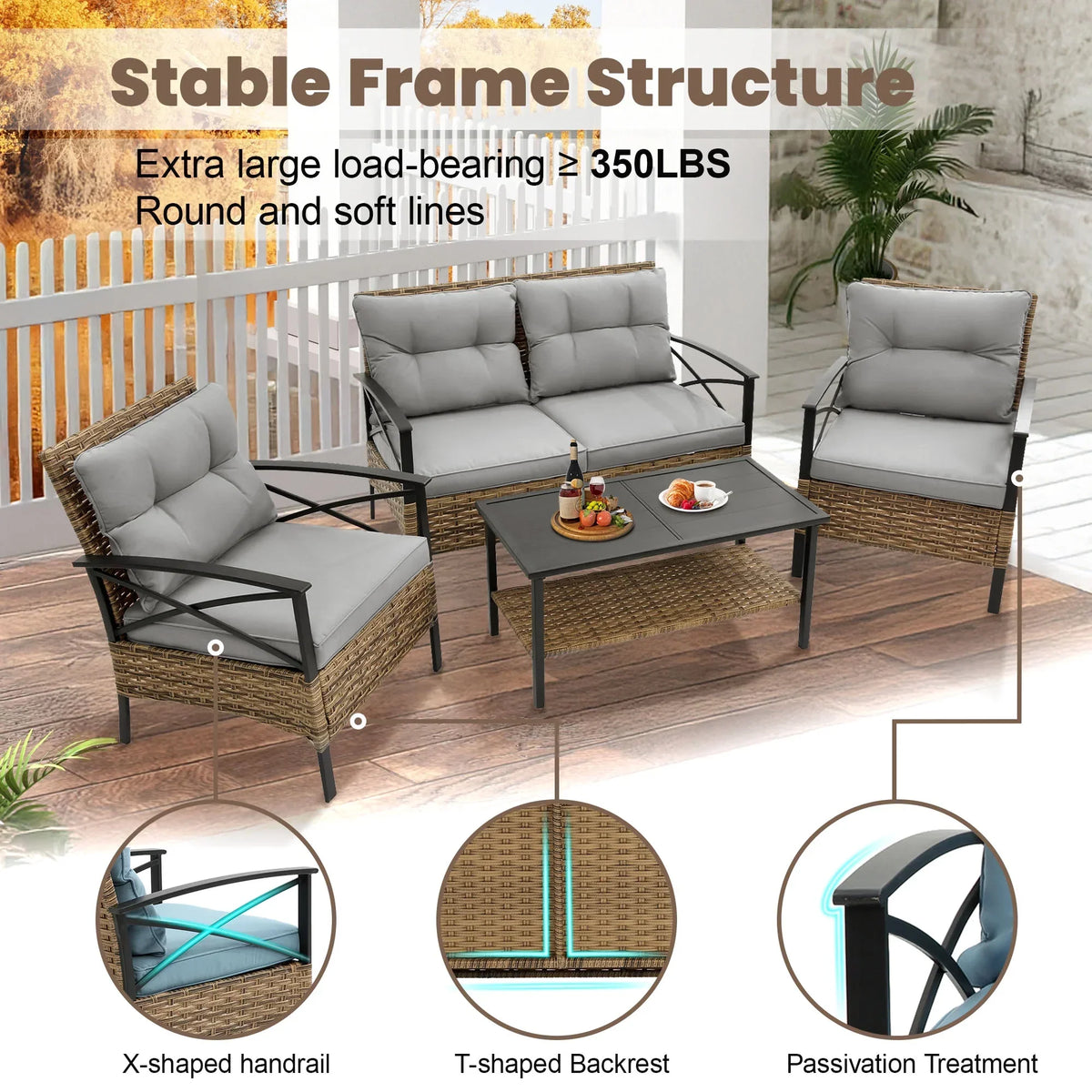 2026 NewHeavy-duty Patio Furniture Set, 4 Piece Outdoor Sectional Conversation Sets, BrownPE Rattan Patio Sofa Set with Blue Cushions