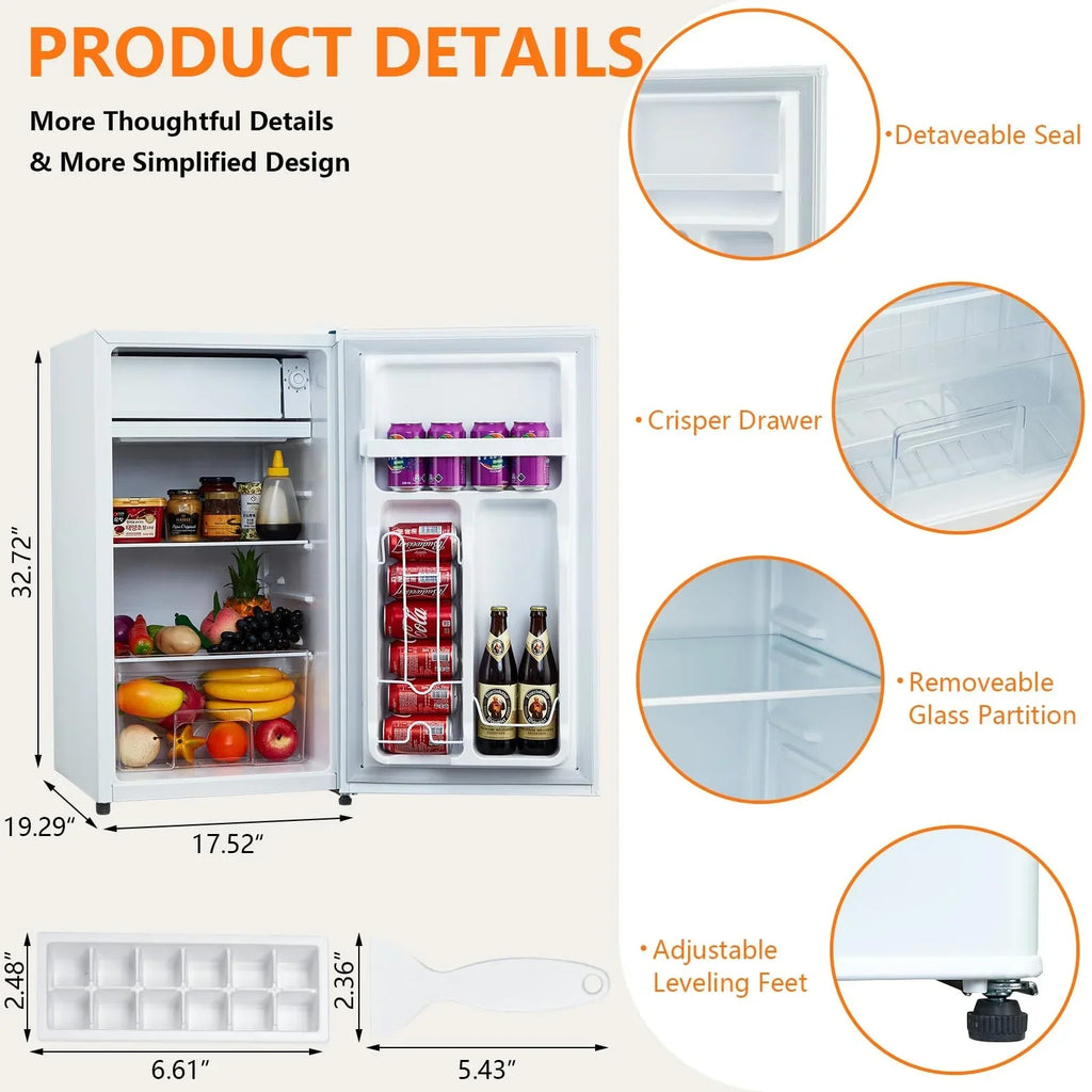 2026 NewMini Fridge with Freezer, 3.2 Cu. Ft Small Refrigerator for Bedroom,7 Adjustable Thermostat,Low Noise,Easy to Storage&Clean Single Door,Refrigerator For Home, Office, Dorm, Garage or RV