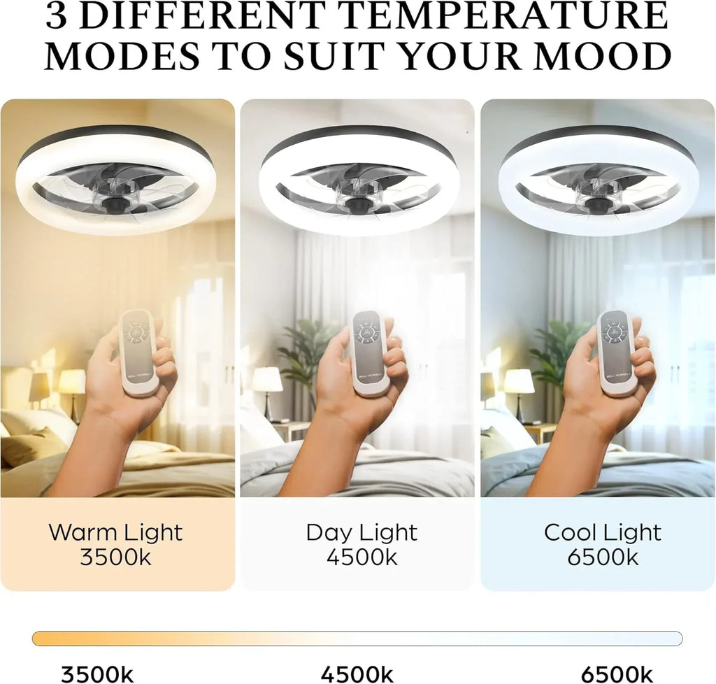 2026 NewCannonX 14" Low Profile Ceiling Fans with Lights and Remote, Modern Fandelier Ceiling Fan with Light, 6 Speeds, 3 Lighting Modes 3500K-5500K, Flush Mount for Bedroom, LED 2200 Lumens