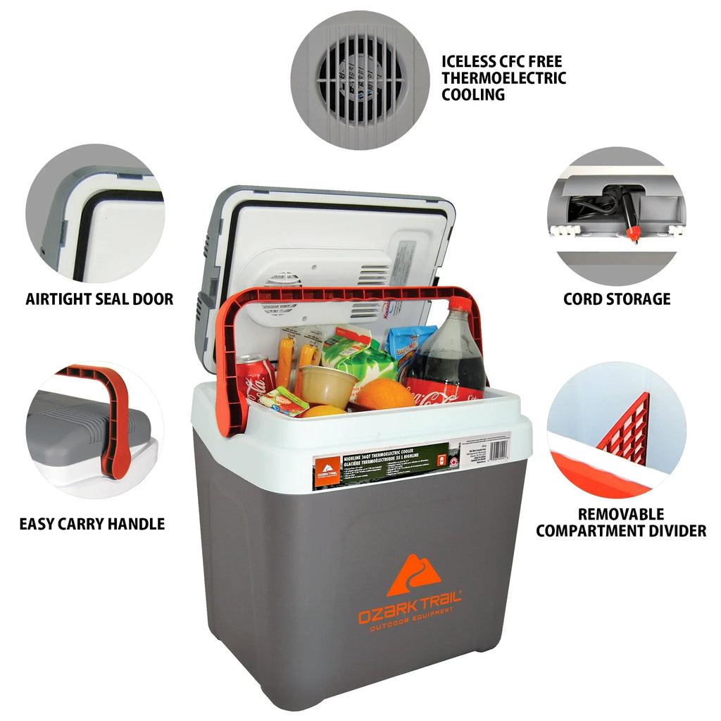 2026 NewOzark Trail 26QT electric Cooler 12V Portable Travel Beach Camping Picnic Insulated Cooler 30 Cans Iceless 24L, Grey