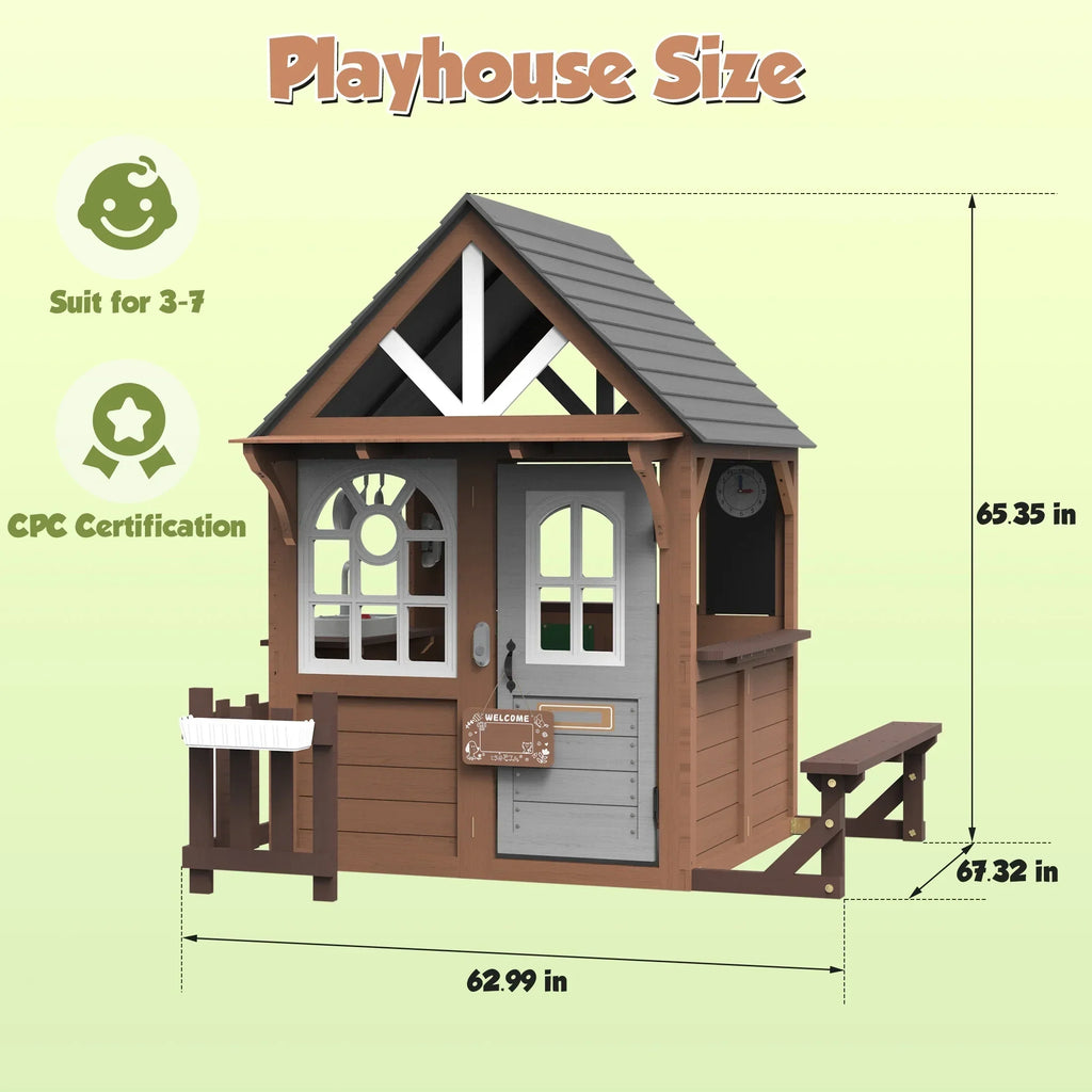 2026 NewCOCLUB Outdoor Playhouse, Wooden Playhouse for Kids Toddlers, Large Kids Playhouse with Bench/Fence/Kitchen/Door Nameplate/Pretend Phone, Girls Boys Outdoor Toy Gift for Ages 3+, (62.99"W* 67.32"L)