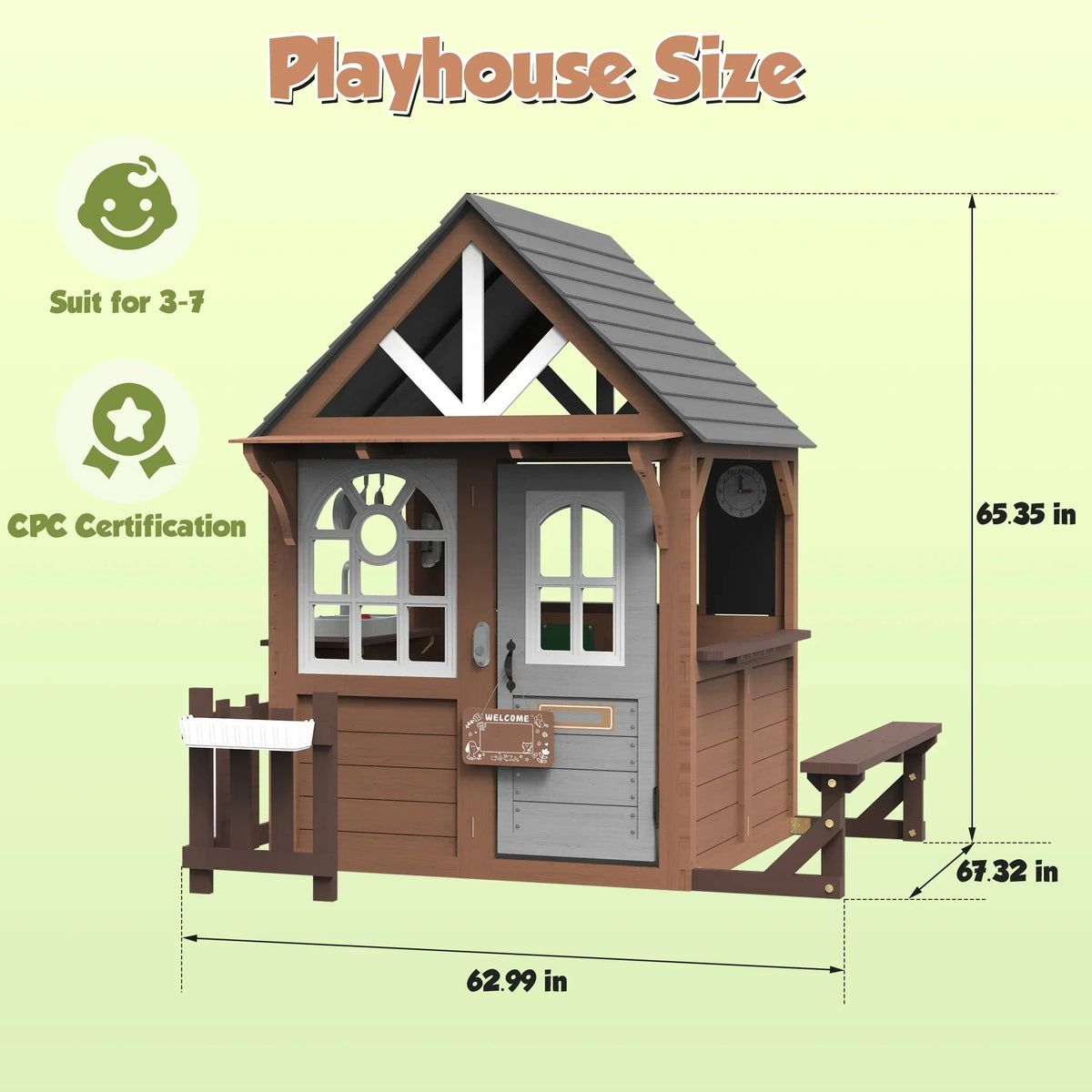 2026 NewCOCLUB Outdoor Playhouse, Wooden Playhouse for Kids Toddlers, Large Kids Playhouse with Bench/Fence/Kitchen/Door Nameplate/Pretend Phone, Girls Boys Outdoor Toy Gift for Ages 3+, (62.99"W* 67.32"L)