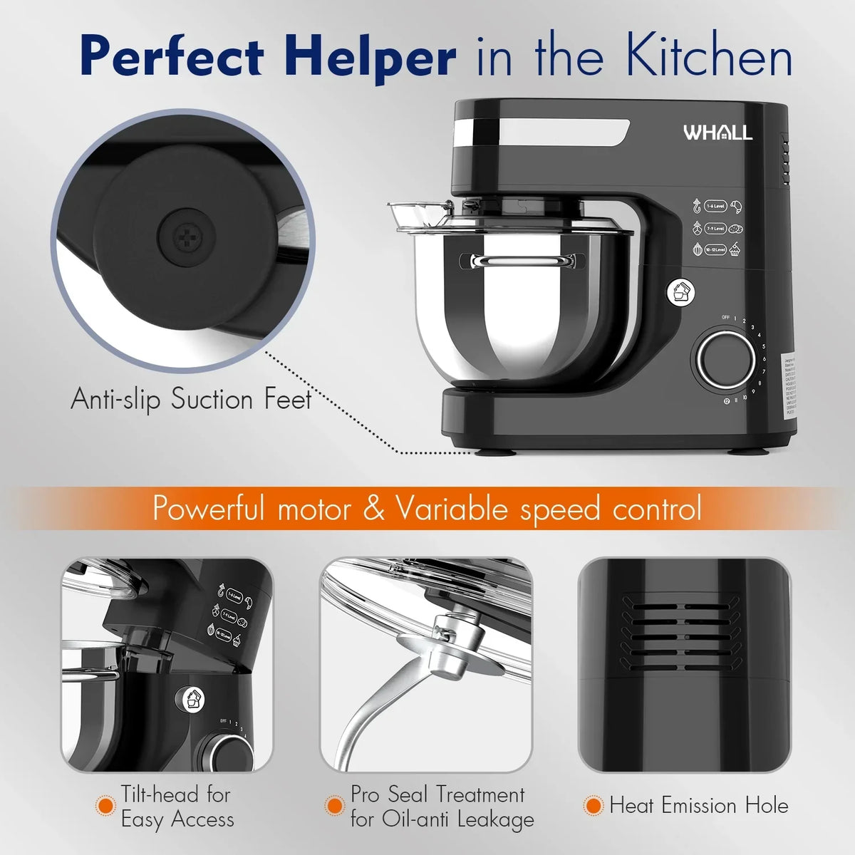 2026 NewWHALL Stand Mixer - 5.5Qt 12-Speed Tilt-Head Electric Kitchen Mixer with Dough Hook/Wire Whip/Beater, Stainless Steel Bowl (Black) New