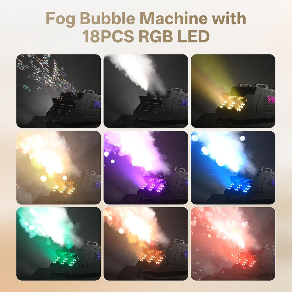 2026 Máquina de Burbujas de Humo de 1500W con Control Remoto, 18 LED RGB d-mx512 Compatible con Máquina de Niebla de Burbujas con Control Independiente para Bodas Escenarios Fiestas Halloween y Navidad