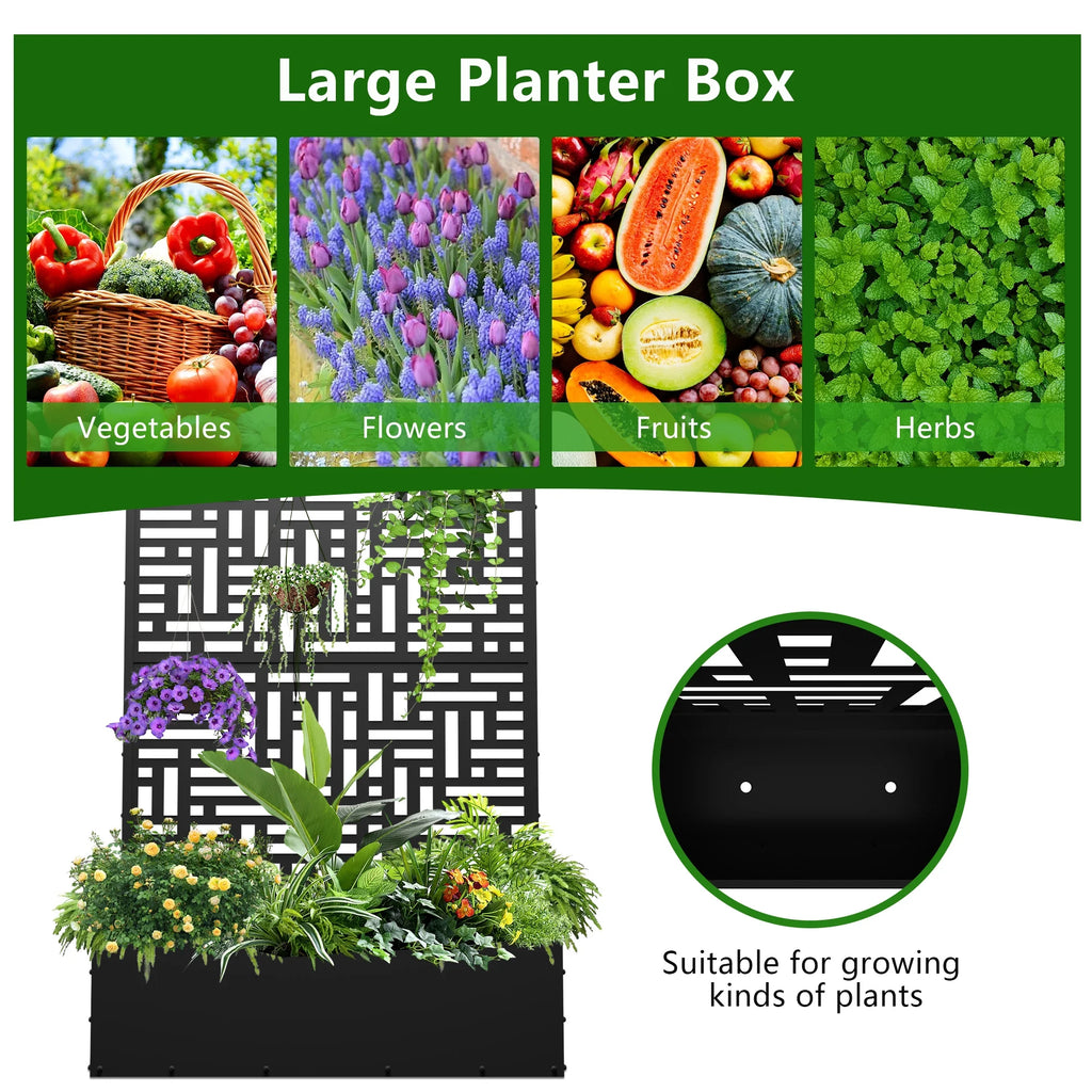 2026 Macetero metálico FOOWIN de 180 cm de alto con enrejado, jardinera elevada para exteriores para plantas trepadoras, jardinera con enrejado y orificio de drenaje, color negro.