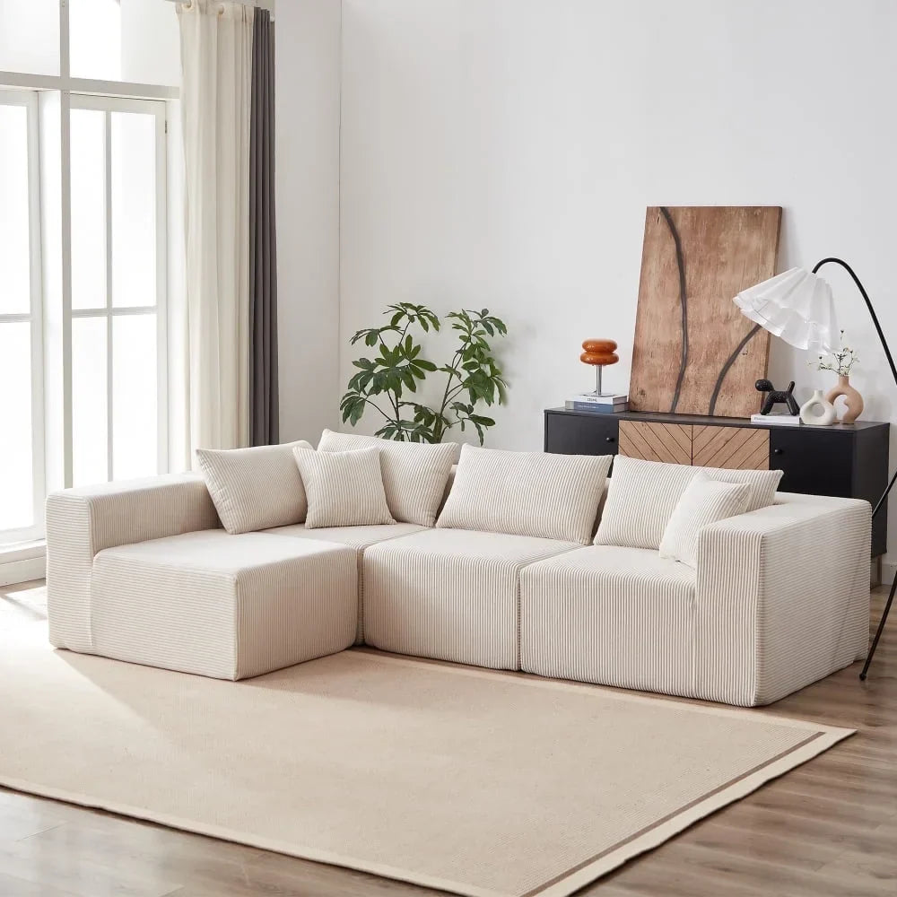 2026 New104-Inch Corduroy Modular L Shaped Sectional Sofa,Luxury Floor Couch Set,Upholstered Indoor Furniture,Foam-Filled Compressed Sofa for Living Room,Bedroom,4 PC Free Combination