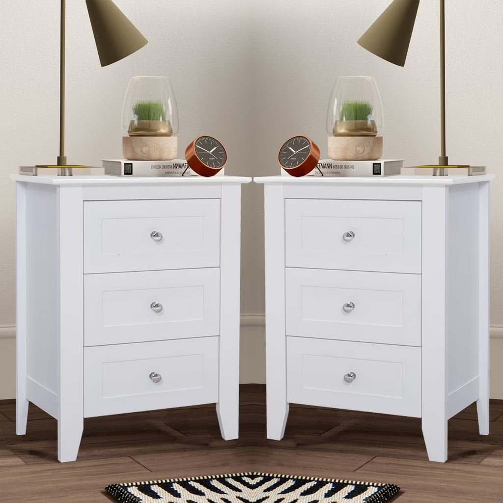 2026 NewGlavbiku Modern White 3 Drawer Nightstand Set of 2 with USB Ports & Power Outlets for Bedrooms,Adult