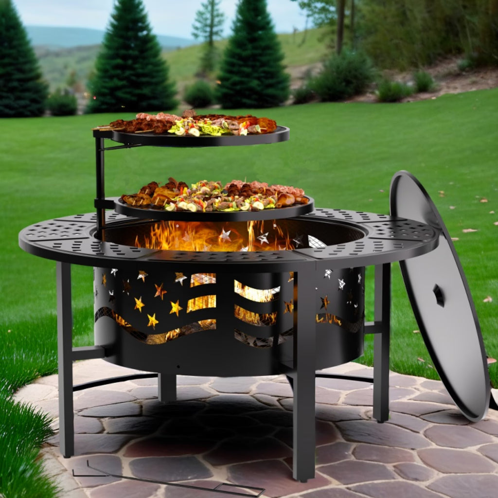 2026 NewTrumanPick Fire Pit for Outside 42" Wood Burning Fire Pit Tables with 2 Adjustable Swivel BBQ Grills, Lid, Poker for Patio Backyard BBQ Ice Storage