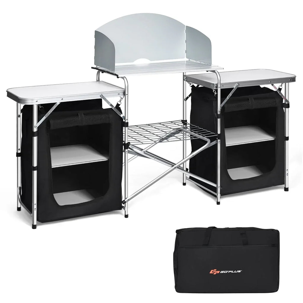 2026 NewGoplus Folding Portable Aluminum Camping Grill Table w/ Storage Organizer Windscreen Black