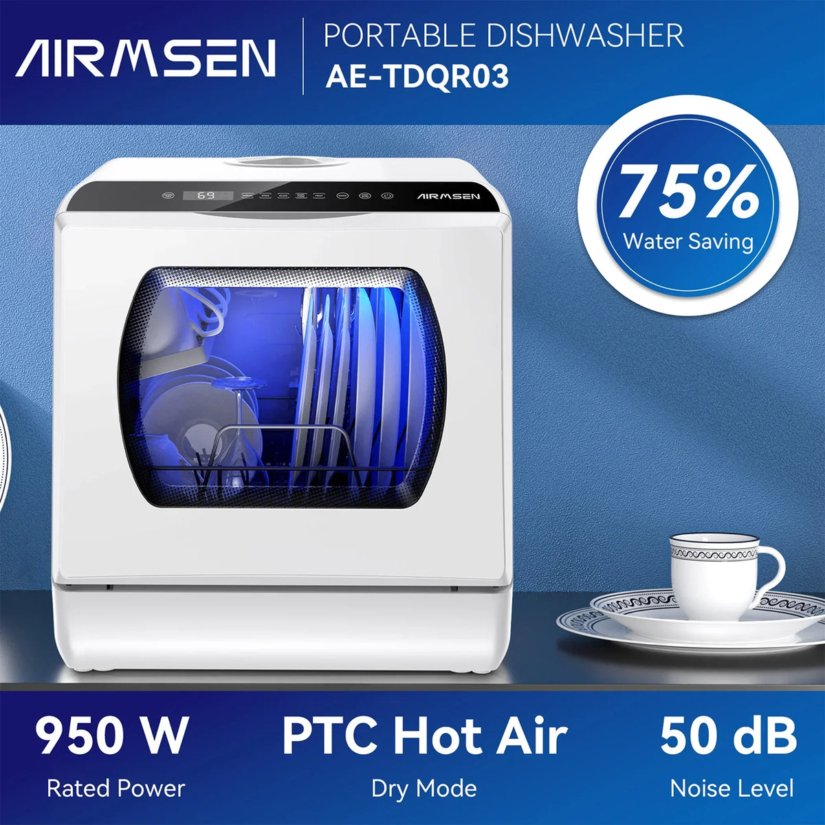 2026 NewAIRMSEN Portable Countertop Dishwasher with 5-Liter Built-in Water Tank and Air-Dry Function, 5 Washing Programs Mini Dishwasher, AE-TDQR03